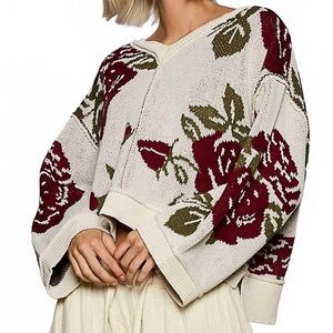 NEW🤎POL Long Sleeve Contrast Floral Sweater Top Small Oversized Cream